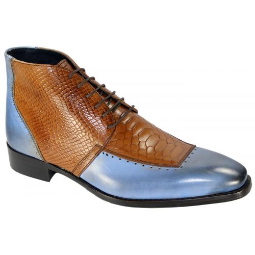 Duca Di Matiste 67 Light Blue / Cognac Genuine Calfskin / Snakeskin Print Ankle Boots.